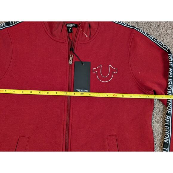 True Religion 3 Side Print Logo Trim Track Jacket Red Full Zip Horseshoe  Small - Picture 10 of 14